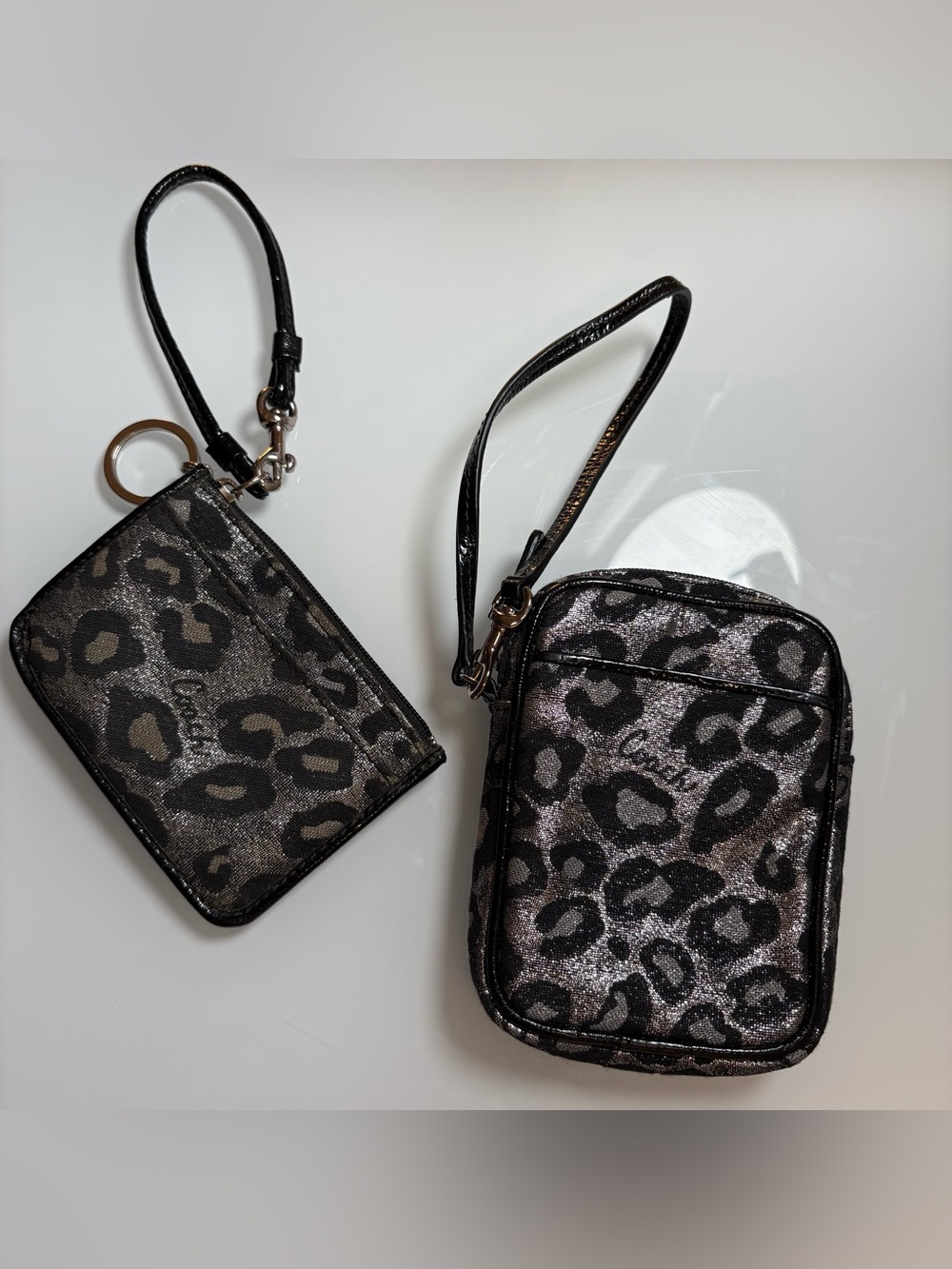 Coach Leopard Metallic Print Wristlet with Matching Card Holder